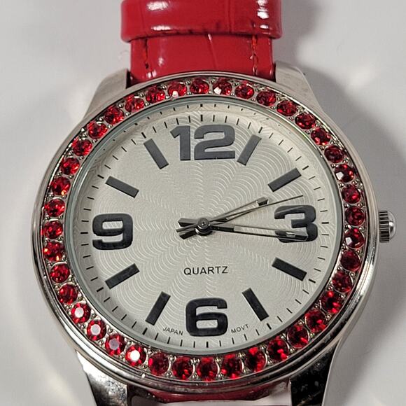 Red Crystal Bezel Quartz Watch with Leather Strap, Analog Display, 40mm Case - Picture 6 of 16